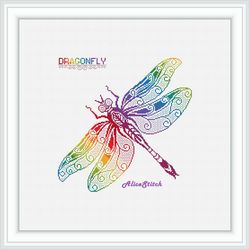 cross stitch pattern insect dragonfly silhouette ornament wings rainbow curls dragonflies counted crossstitch patterns