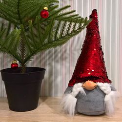 Christmas Gnome with braids and Red-Black Sequin, Nordic Xmas Home Decoration Scandinavian Tomte