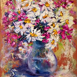 daisy glass vase candy oil painting flowers impasto original artist svinar oksana
