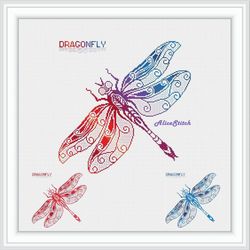 Cross stitch pattern Insect Dragonfly Silhouette Ornament Wings Curls Monochrome blue red counted crossstitch patterns