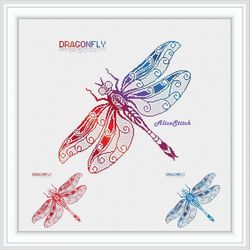 cross stitch pattern insect dragonfly silhouette ornament wings curls monochrome blue red counted crossstitch patterns