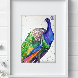 Peacock bird 8x11 inch original painting art by Anne Gorywine