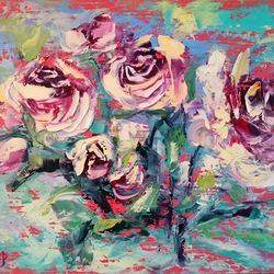 Oil Painting Flower Pink Roses Bushes Impasto Original Artist Svinar Oksana