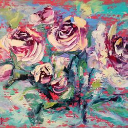 oil painting flower pink roses bushes impasto original artist svinar oksana