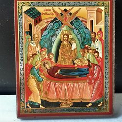 The Dormition of Our Lady | Orthodox - Catholic | Lithography print on wood | 3,5" x 2,5"