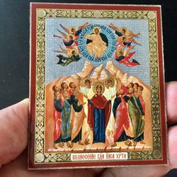 Jesus Christ Ascension To Heaven | Orthodox - Catholic | Lithography print on wood | 3,5" x 2,5"