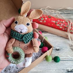 Christmas Gift Box, Hare ornament, Holiday felt garland, Felt Christmas toy,  Christmas tree
