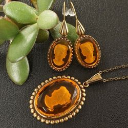 Vintage Lady Intaglio Necklace and Earrings Orange Amber Yellow Vintage Glass Lady Girl Intaglio Cameo Jewelry Set 5967