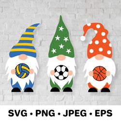 Sport gnomes holding basketball, volleyball, soccer balls SVG cut file