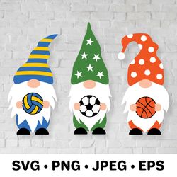 sport gnomes holding basketball, volleyball, soccer balls svg cut file
