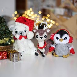 3 in 1 Crochet Christmas pattern polar bear, amigurumi penguin, PDF Digital deer tutorial, DIY cute Xmas Decor toy