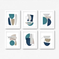 Modern Home Decor 6 Piece Wall Art Abstract Geometric Set Of 6 Prints Digital Download Scandinavian Poster Navy Gray Art