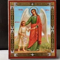 Guardian Angel and the Soul | Mini Icon Gold and Silver Foiled Mounted on Wood 2,5" x 3,5" |