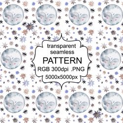 Seamless Pattern. Magic Sky, Stars, Moon. Design and printing. Creating paper and fabric. Transparent endless background