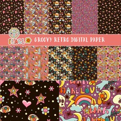Groovy Retro Digital Paper 70s Hippies Seamless Patterns