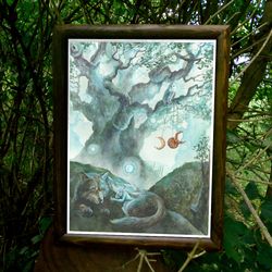Oak tree painting, Original watercolor painting , Fairytale decor, fantasy art