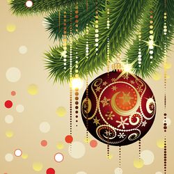 Christmas greeting card with decorative red ball and green branches