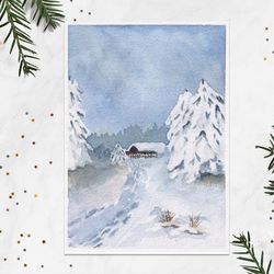 snowy pine trees painting winter house painting winter forest painting winter cottage 5x7"