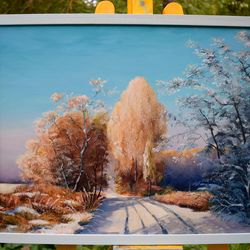 Winter painting Winter Rural road Original art Oil painting on canvas Wall art 20x16inches  Rural Oil painting Artwork