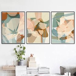 Floral Painting Abstract Botanical Blue Pink Decor Set of 3 Wall Art Digital Prints Triptych Print Abstract Flowers Art