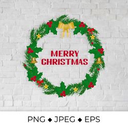 merry christmas lettering with wreath of fir tree branches and holly berries  sublimation design