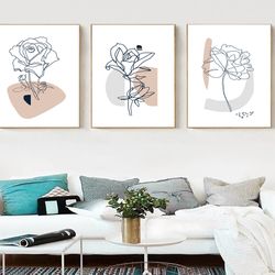 flower line print floral line drawing pink decor set of 3 wall art digital prints botanical art triptych flowers art
