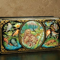 Wildlife lacquer box hand-painted animals decorative miniature art