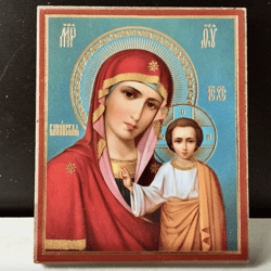 The Mother of God of Kazan | Mini Icon Gold and Silver Foiled Mounted on Wood 2,5" x 3,5"
