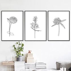 Line Drawing Flower Line Art Set of 3 Wall Art Digital Prints Minimal Art Floral Art Botanical Line Print Kitchen Decor