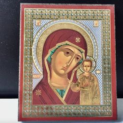 The Mother Of God Of Kazan | Mini Icon Gold And Silver Foiled Mounted On Wood undefined | Size: 3 1/2" X 2 1/2"
