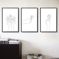 Love Art Line Drawing Hands Art Minimalist Print Flower Line Art Set of 3 Prints Printable Wall Art Valentine Day Art