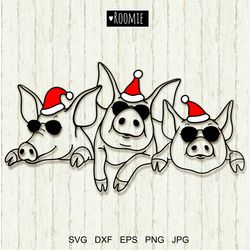 Christmas Pigs with Santa hat SVG, Pig face svg, Farm animals clipart, Piggy cutfile Farmhouse Piglet Cricut Vinyl Cameo