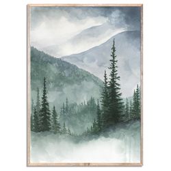Mountain Forest Art Print Pine Trees Watercolor Painting Foggy Forest Wall Art Sage Green and Gray Landscape Poster