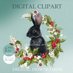 Black rabbit, wreath with mistletoe, sublimation, Symbol 2023. Clipart PNG. Digital download.