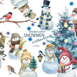 Watercolor funny snowmen. Digital clipart