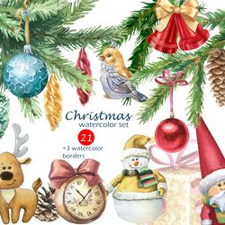 watercolor set of bright christmas decorations with fir branches
