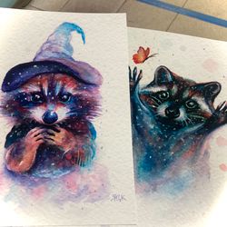 Set Of 2 Small Raccoon Watercolor Prints, Whimsical Watercolor Posters, Raccoon Art, Cottagecore Decor, 6 by 8 in Print