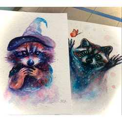 Set Of 2 Small Raccoon Watercolor Prints, Whimsical Watercolor Posters, Raccoon Art, Cottagecore Decor, 6 by 8 in Print