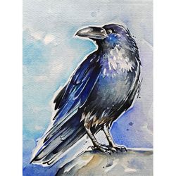 Crow Painting Bird Original Art Raven Artwork Watercolor Painting 8 by 6 Abstract Black Bird Crow Wall Art by AlyonArt