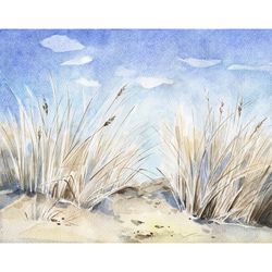 sand dune painting grass pampas original art dry grass art sea coast landscape watercolor artwork wall art by alyonart