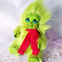 Fantasy baby green elf, grinch, stuffed toy, ooak, poseable creatures, handmade
