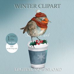 Robin Bird, Coffee Cup. Winter Clipart PNG. Digital download.