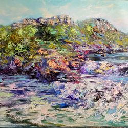 north mountain river waterfall impasto art original oil painting artist svinar oksana