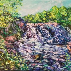 Oil Painting Waterfall Rocks Forest Grass Impasto Art Original Artist Svinar Oksana