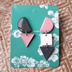 Pink and Gray Dangle Wooden Earrings, Geometric Resin Studs