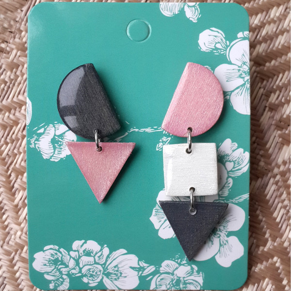Pink and Gray Dangle Wooden Earrings, Geometric Resin Shape.jpg