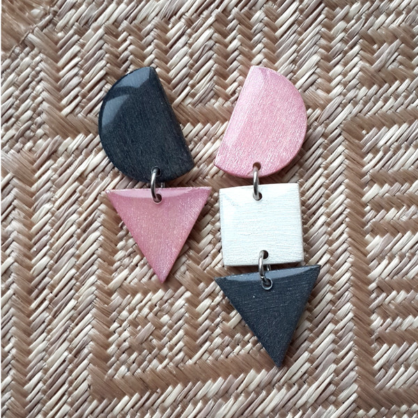 Pink and Gray Dangle Wooden Earrings, Stylish Geometric Resin Shape.jpg