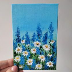 Acrylic Painting of Daisies & Wildflowers Landscape | Chamomile Flower Art Wall Decor