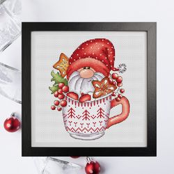 Christmas gnome cross stitch pattern PDF, gnome in mug, nordic gnome, christmas cross stitch, counted cross stitch,