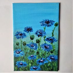 Cornflowers painting, Field of flowers wall decor, Blue flowers impasto painting, Landscape original artwork